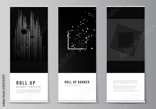 Vector layout of roll up design templates for vertical flyers, flags design templates, banner stands. Black color technology background. Digital visualization of science, medicine, tech concept.