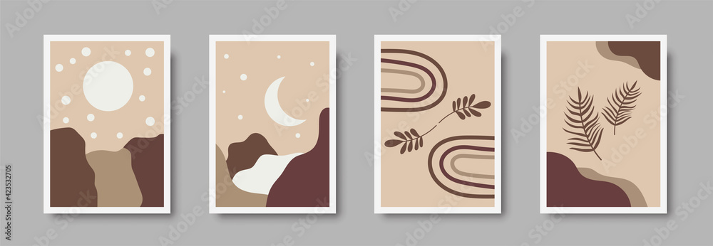 Abstract landscape wall art print set. Vector abstract landspace for luxury minimal bedroom interior. Printable boho poster for decor. Artwork with terracotta colors for wallpaper. Vector illustration