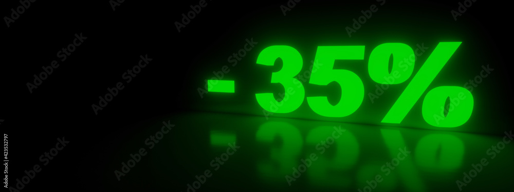 35% discount sale promotion off neon 3d rendered, panoramic image