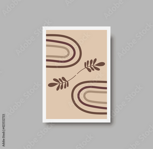 Botanical wall art abstract vector. Foliage line drawing. Neutral boho art print. Minimal mid century wall art print for bedroom decor. Gallery decor poster, terracota watercolor. Vector illustration