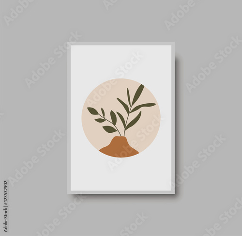 Botanical wall art abstract vector. Foliage line drawing. Neutral boho art print. Minimal mid century wall art print for bedroom decor. Gallery decor poster, terracota watercolor. Vector illustration