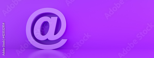 purple mail 3d render  design element email sign, @ symbol, panoramic image