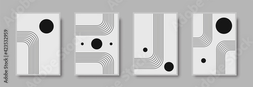 Abstract geometric mid century wall art print set. Black and white poster with geometric shapes for wall art, interior gallery. Artwork for wall decor with neutral colors,minimal. Vector illustration