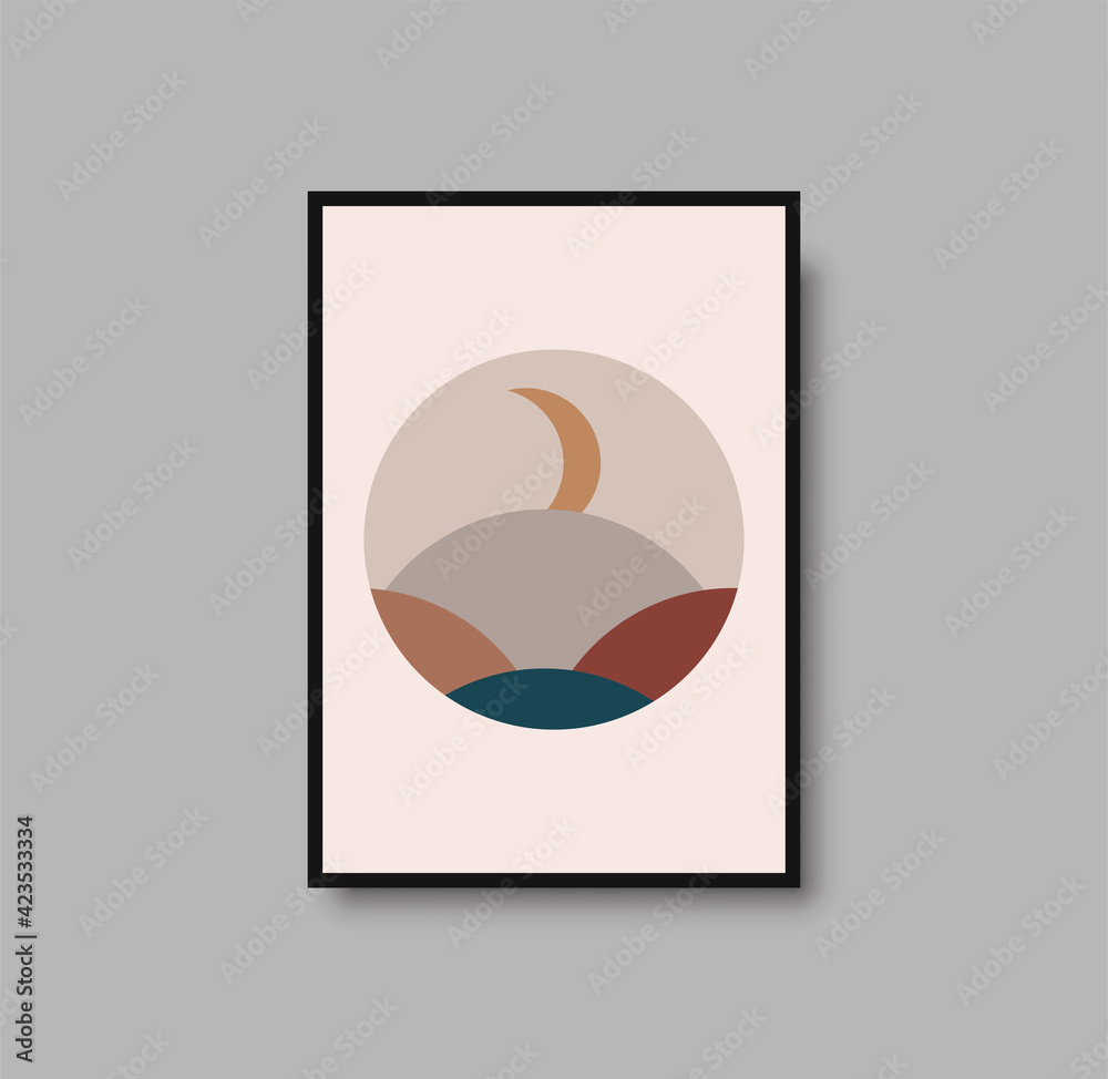 Abstract landscape wall art print. Vector abstract landspace for luxury minimal bedroom interior. Printable boho poster for decor. Artwork with terracotta colors for wallpaper. Vector illustration