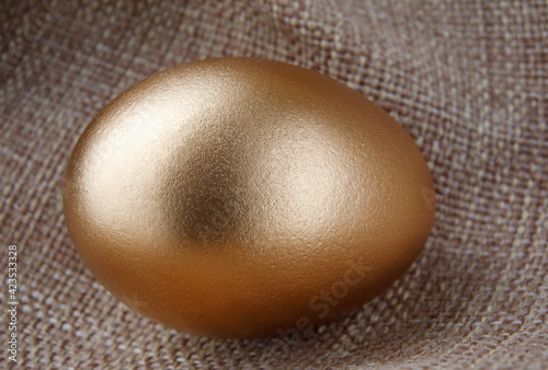 A golden egg on a fabric background.