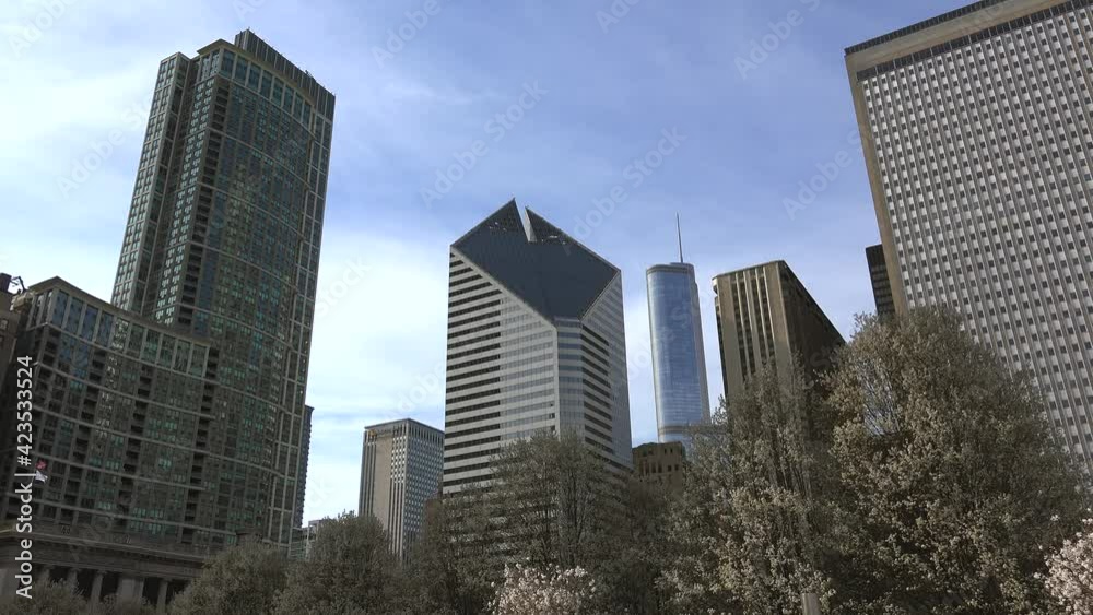 Chicago cityscape from the Michigan Avenue at Millennium Park area with spring blooming trees. Illinois, USA. Chicago cityscape from the Michigan Avenue at Millennium Park area with spring blooming trees. Illinois, USA.