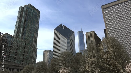 Chicago cityscape from the Michigan Avenue at Millennium Park area with spring blooming trees. Illinois, USA.