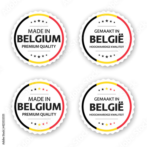 Set of four Belgian labels. Made in Belgium In Dutch Gemaakt in België. Premium quality stickers and symbols with stars. Simple vector illustration isolated on white background