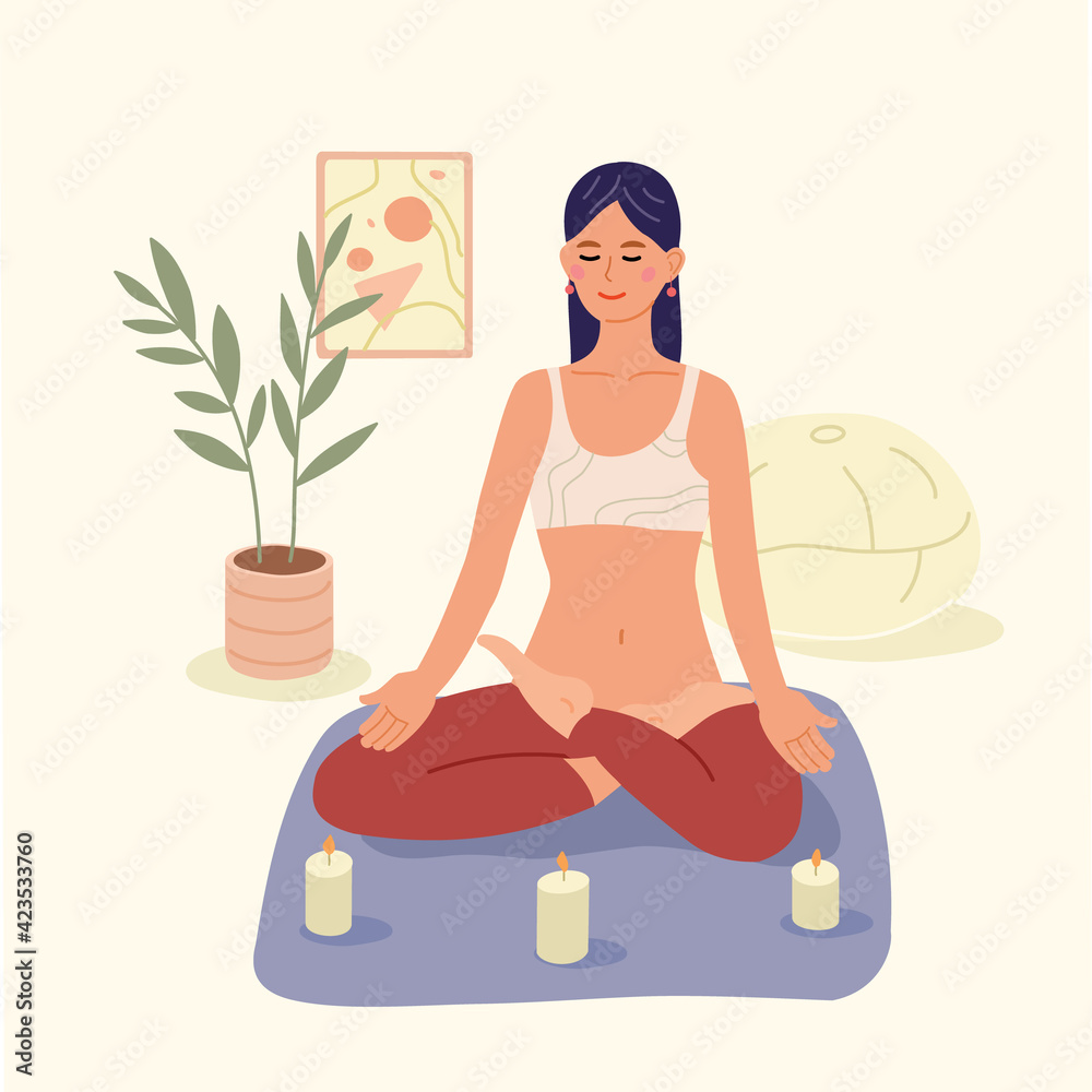 Meditation. A young girl with crossed legs with closed eyes, in a relaxed state, sits on the floor and meditates. Spiritual practice, yoga and breathing exercises. Vector illustration in a flat style.