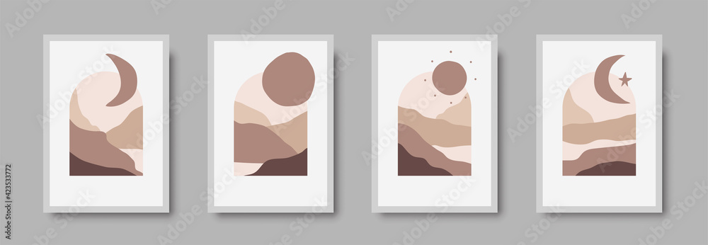 Abstract landscape wall art print set. Vector abstract landspace for luxury minimal bedroom interior. Printable boho poster for decor. Artwork with terracotta colors for wallpaper. Vector illustration - obrazy, fototapety, plakaty 