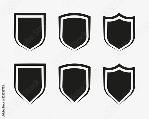 Protect guard shield plain line concept. Outline badge. Safety icon set. Privacy banner kit. Security label. Flat style sticker symbol shape. Safeguard simple sign. linear pictogram