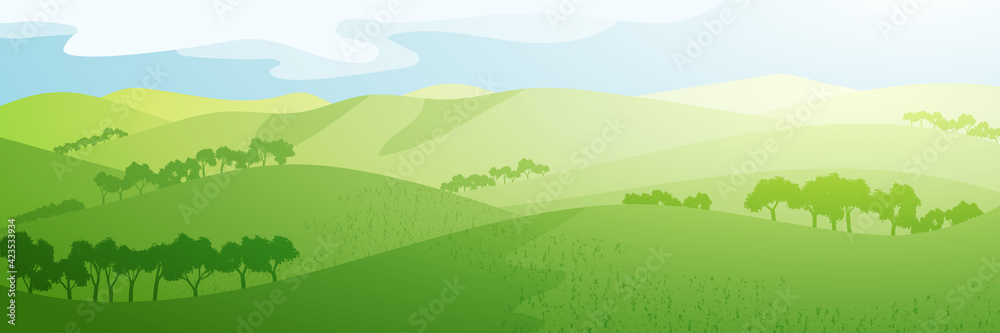 Panoramic view of green hills on sunny morning, vector illustration Panoramic view of green hills on sunny morning, vector illustration