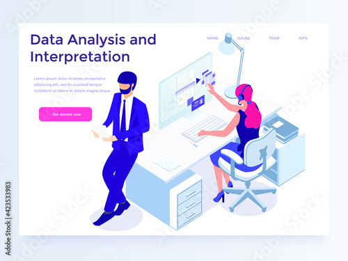People in a team interact with graphs. Landing page template. 3d isometric illustration
