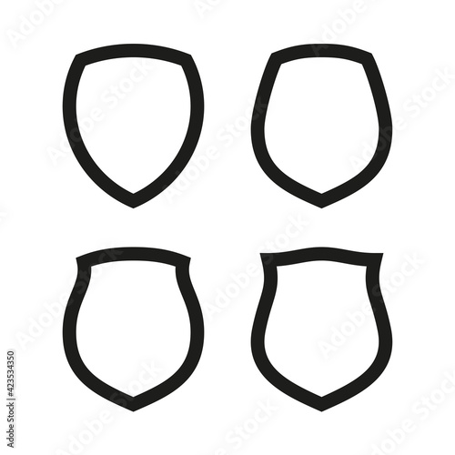 Protect guard shield plain line concept. Outline shield badge. Safety icon set. Privacy banner kit. Security label. Flat style protect sticker symbol shape. Safeguard simple sign. linear pictogram