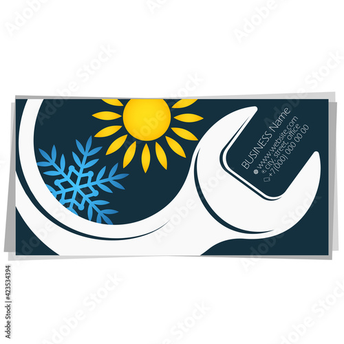 Sun snowflake wrench air conditioning repair and service business card concept