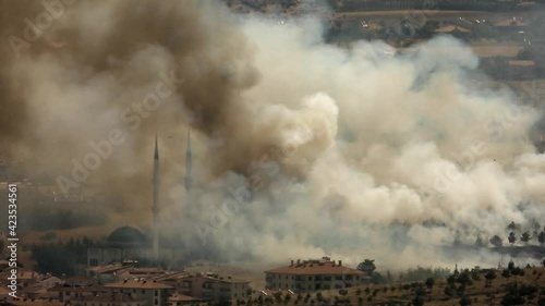 Smoke rises from the area after the terrorist attack. Bomb explodes next to mosques in Muslim country.Terror terrorism attack assault offensive missile rocket fire smoky war fighting wartime warfare
