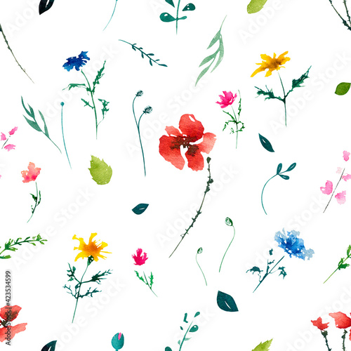 Colorful watercolor seamless pattern. Wildflowers on white background with foliage and greenery. Poppy flowers  peony  meadow flowers. Suitable for wrapping paper  fabric  cloths  business cards  etc.