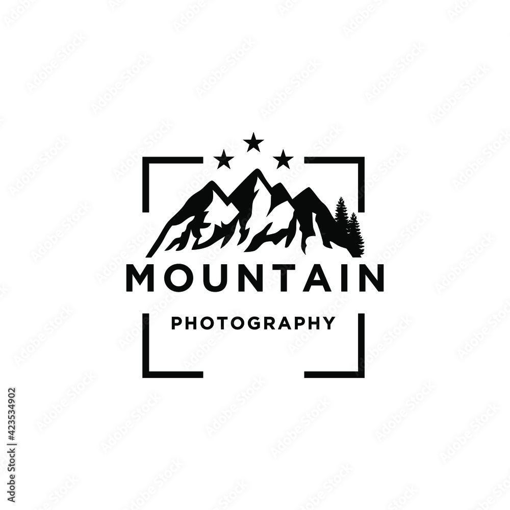 Mountain Landscape with Lens Frame and Star for Adventure Outdoor Nature Photography Photographer Logo Design