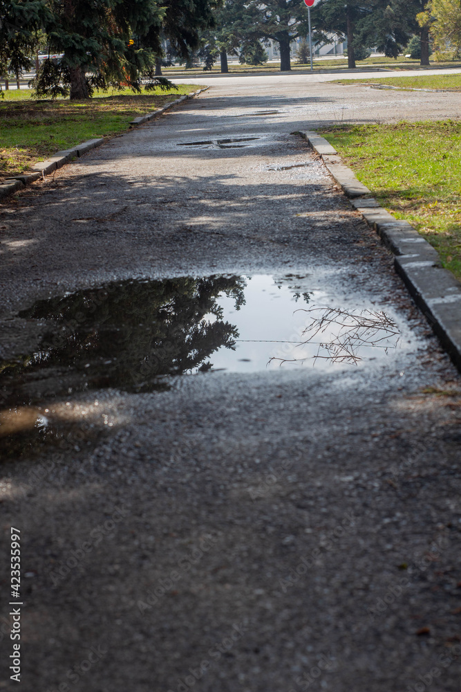 Asphalt with cracks on the street with puddles, material for background Asphalt with cracks on the street with puddles, material for background