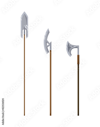Medieval weapon collection. Ancient weaponry, war and heraldry concept. Illustration of melee weapon icons. World melee weaponry. Symbol isolated on white background