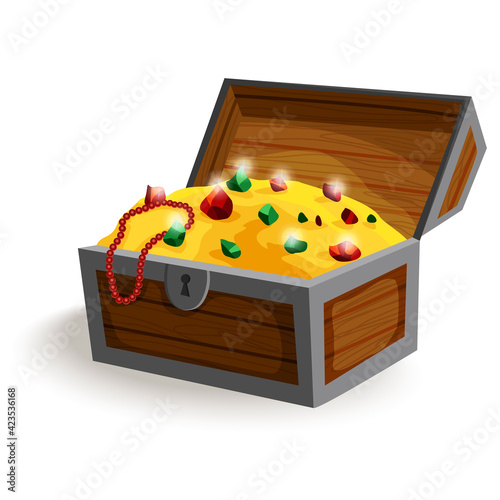 Treasure chest isometric cartoon. Wooden open box full of gold coins and jewels. Precious treasures, crystals, gems and golden coins in pirate chest. Illusration for game user interface
