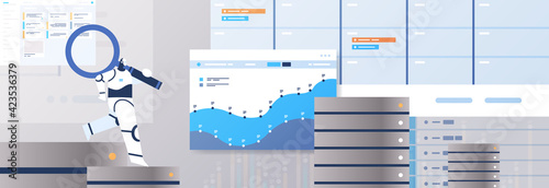 robot with magnifying glass analyzing statistics graphs and charts financial data analyzing artificial intelligence