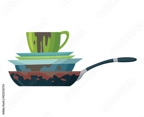 Dirty dishes plates and cups saucepan with remains fat stains. Stack of dirty kitchen utensil and dinnerware vector flat set for web design. Household and kitchenware concept