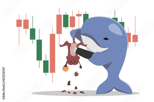 Whales shear hamsters in the crypto market vector illustration. Pamp and damp. Investing and trading on the stock exchange.