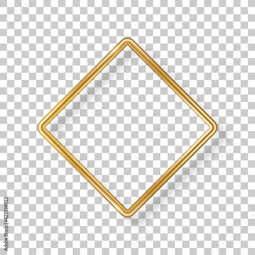 Rhombus luxury 3d gold frame isolated on transparent background. Vector illustration. Wedding label, square badge, bronze metallic wire speech bubble for motivational quotes, luxury realistic border