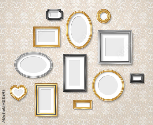 Set of vintage 3d photo frames on retro wallpaper. Vector illustration. Realistic gold, silver and black picture box, circle, oval and square shapes. Empty blank mockup template, home interior decor