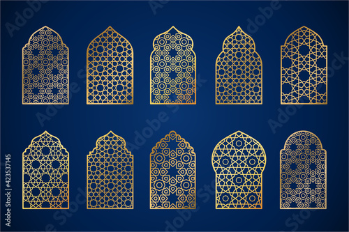 Set of gold ornate arab windows silhouettes. Vector illustration. Ramadan Kareem design element, invitation or card template. Arabic traditional architecture, beautiful arabesque motif pattern.