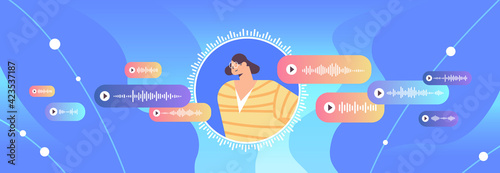woman communicate in instant messengers by voice messages audio chat application social media communication