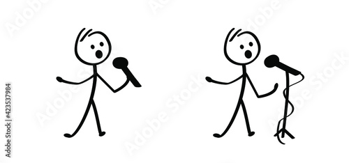 Stickman with microphone, to sing a song. Cartoon stick figures man, Slogan positive motivation. Stand up comedy. Speaker telling story to audience or singing. 