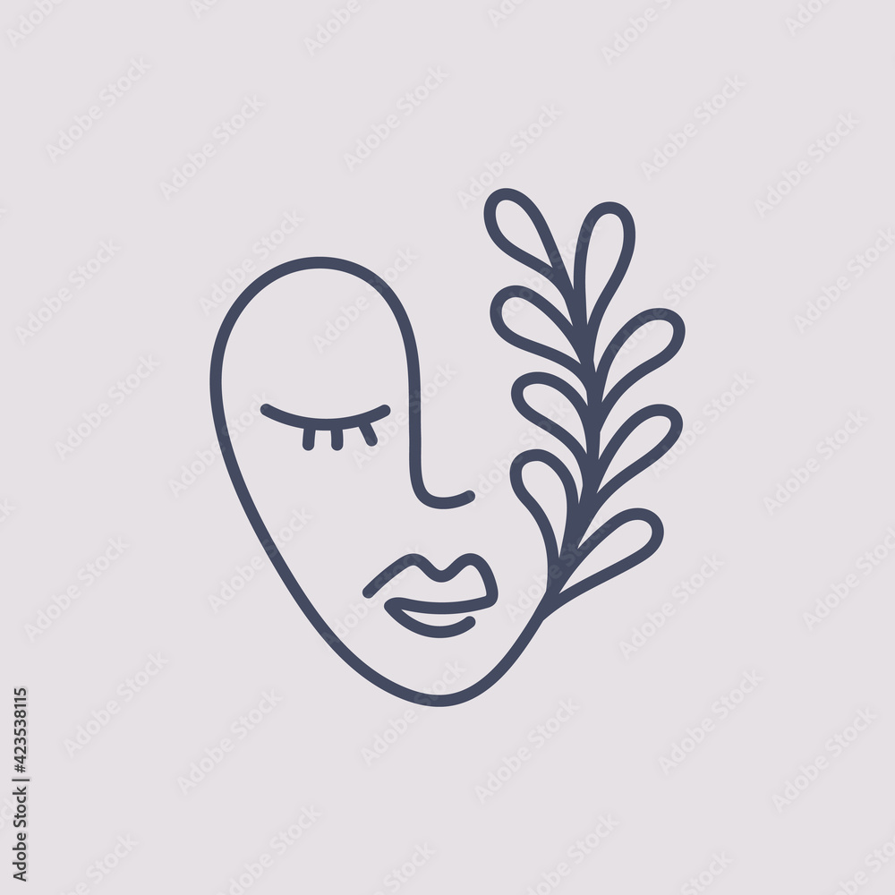 Hand drawn face with leaf and twig. One line continuous vector illustration design. Hand drawn face with leaf and twig. One line continuous vector illustration design.