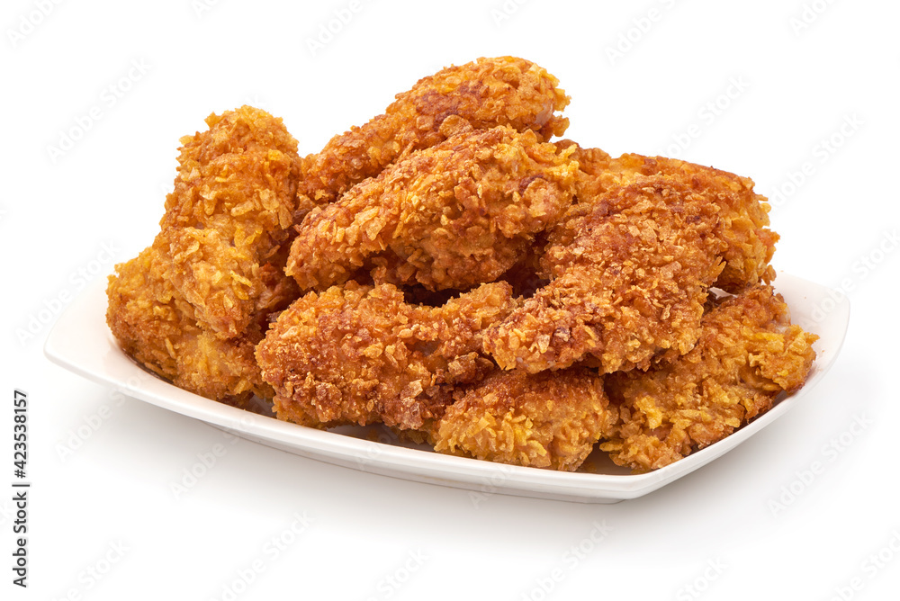 Fried Chicken strips in breadcrumbs, isolated on white background Fried Chicken strips in breadcrumbs, isolated on white background