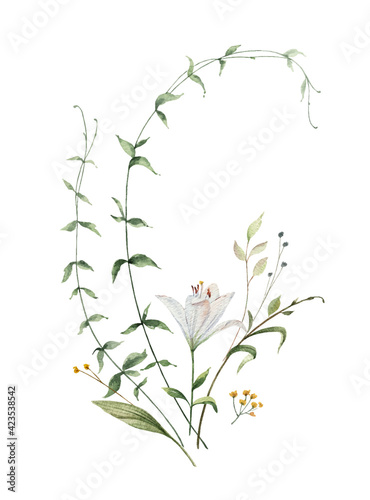 Watercolor vector arrangement of green branches and leaves.