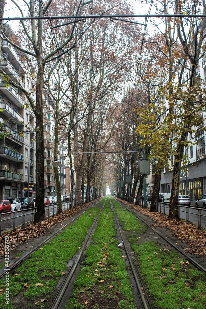 Fototapeta premium 2020.12.20 Milan, Italy, tramway, avenue with tram tracks