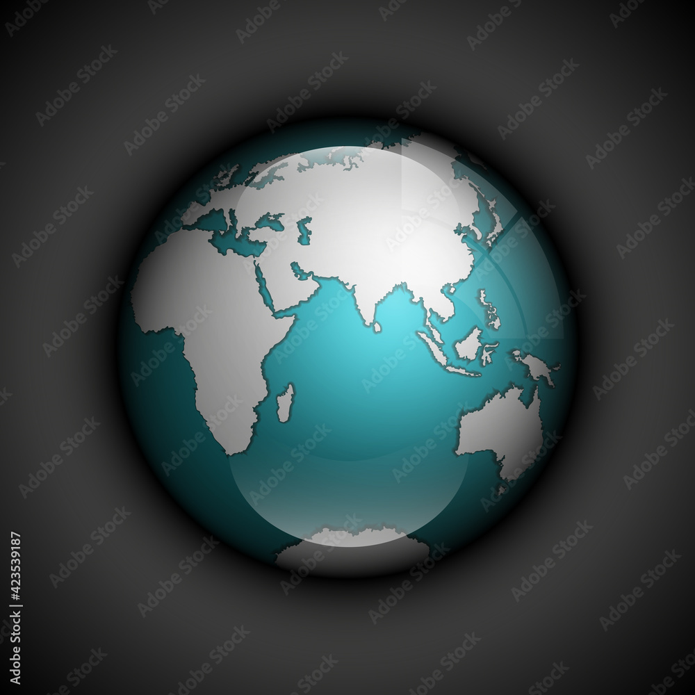 Naklejka premium world map with ocean. Globe icon. Planet Earth on black background. Continents world picture. Colorful poster presentation