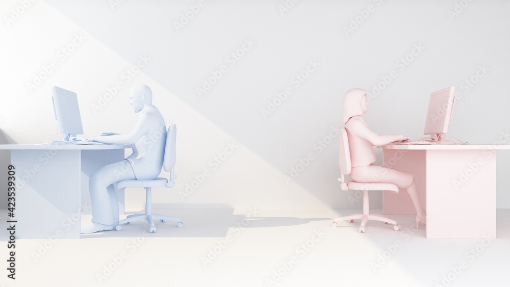 Fototapeta premium concept man at her desk in pink tones illuminated by a beam of light
