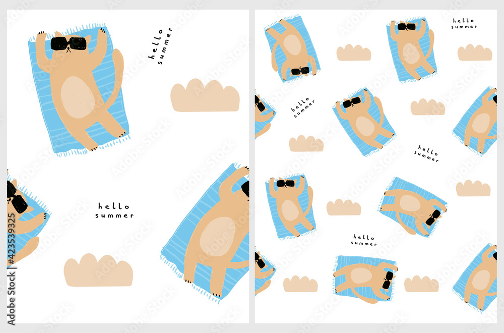 Hello Summer. Cute Vector Seamless Pattern with Cat Lying on a Blue Blanket on the Beach. Infantile Style Nursery Art with Funny Cat ideal for Fabric, Textile. Summer Time Print.