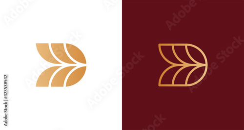 minimal abstract elegant letter D logo, simple D monogram logo with leaf, wheat, nature element vector template