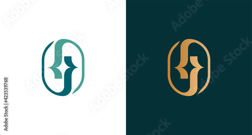 abstract flipped letter J logo with star element, elegant initial JJ monogram logo vector Template