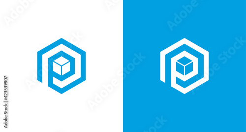 Simple letter P logo with 3 layers element in hexagon shape