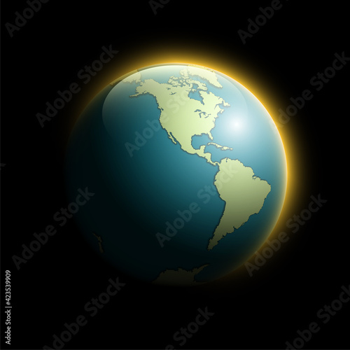 World map rising sun. Solar eclipse globe icon, space sunlight. Planet Earth sunny glow background view from space. Continents world Sunshine picture. Colorful solar eclipse astro poster presentation