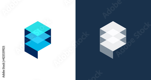 Simple letter P logo with 3 layers element in hexagon shape