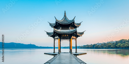 Jixian pavilion during sunrise in hangzhou，Zhejiang province，China.