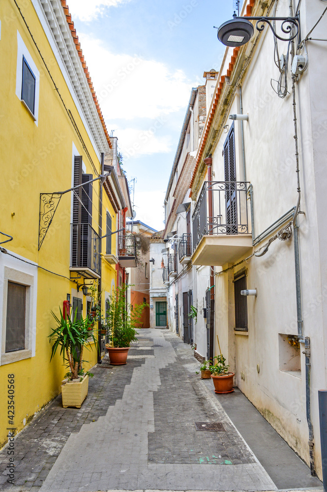 Fototapeta premium A narrow street among the old houses of Venosa, a medieval village in the Basilicata region, Italy.