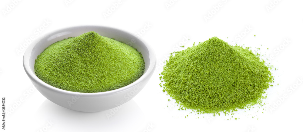 green tea powder in a bowl on white - obrazy, fototapety, plakaty 