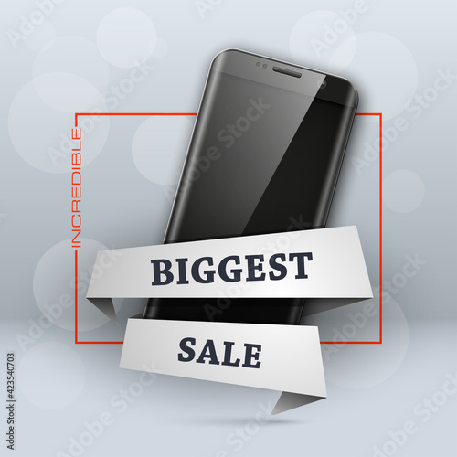 Biggest Super sale banner. Mobile Phone Discount label poster. Cyber Monday offer tag. Smartphone coupon