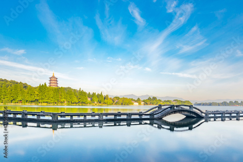 Photography Sunny scenery of Leifeng Tower and Long Bridge in West Lake, Hangzhou, Zhejiang,